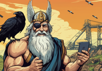 An image of the norse god odin standing besides an open air mine. He's holding a mobile phone and looking excited. He has a patch over one eye. He has a raven perched on one shoulder and a second raven flies above. In the sky above him is a satellite.