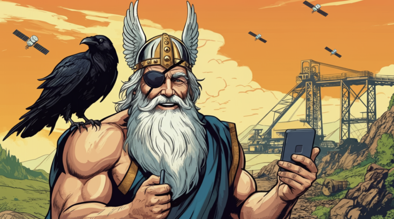 An image of the norse god odin standing besides an open air mine. He's holding a mobile phone and looking excited. He has a patch over one eye. He has a raven perched on one shoulder and a second raven flies above. In the sky above him is a satellite.