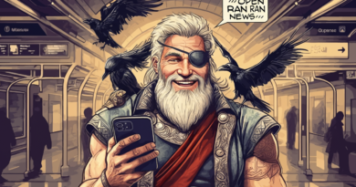 An image of Odin in a comic book style. He's in a subway station holding a phone and looking at the viewer. He has some crow around him. He's saying "News of the week"