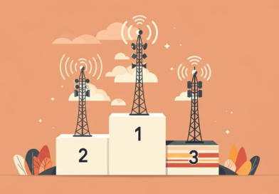 A podium where the winners are 5G Open RAN mobile radio masts with antennas and radio units. The first place mast is grey. The second placed mast is covered in clouds. The third placed mast is stripy with multiple colours.