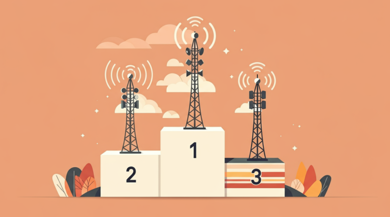 A podium where the winners are 5G Open RAN mobile radio masts with antennas and radio units. The first place mast is grey. The second placed mast is covered in clouds. The third placed mast is stripy with multiple colours.