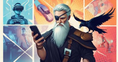 An image of the Norse God Odin. He has an eye patch over one eye and he's looking at a smartphone. He has a raven perched on one shoulder and another flies above him. He's standing in front of a giant four part poster. The first part depicts a gamer in a VR headset. The second part depicts autonomous vehicles. The third part depicts advanced healthcare. the fourth part shows a smart robotic factory.