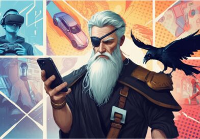 An image of the Norse God Odin. He has an eye patch over one eye and he's looking at a smartphone. He has a raven perched on one shoulder and another flies above him. He's standing in front of a giant four part poster. The first part depicts a gamer in a VR headset. The second part depicts autonomous vehicles. The third part depicts advanced healthcare. the fourth part shows a smart robotic factory.