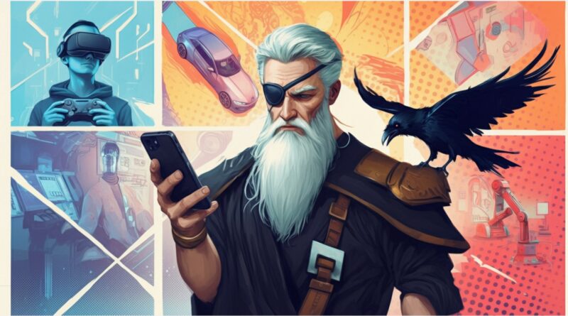 An image of the Norse God Odin. He has an eye patch over one eye and he's looking at a smartphone. He has a raven perched on one shoulder and another flies above him. He's standing in front of a giant four part poster. The first part depicts a gamer in a VR headset. The second part depicts autonomous vehicles. The third part depicts advanced healthcare. the fourth part shows a smart robotic factory.