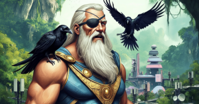 An image of the norse god ODIN, with a patch over one eye, a raven on his shoulder and a raven flying above him looking excited. He's standing next to a futuristic city in the jungle of Borneo, Indonesia. Telecoms infrastructure is visible in the ground below him and on buildings