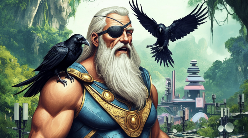 An image of the norse god ODIN, with a patch over one eye, a raven on his shoulder and a raven flying above him looking excited. He's standing next to a futuristic city in the jungle of Borneo, Indonesia. Telecoms infrastructure is visible in the ground below him and on buildings