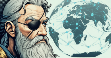 An image of the norse god Odin, with an eye patch over one eye, looking at a giant map of Global Connectivity with interest: the map is showing global network connections, symbolizing international ICT partnerships and collaboration on Open RAN and 5G technology