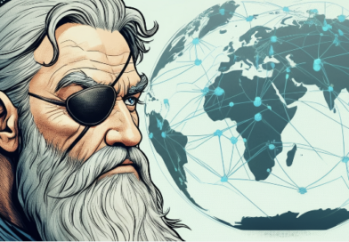 An image of the norse god Odin, with an eye patch over one eye, looking at a giant map of Global Connectivity with interest: the map is showing global network connections, symbolizing international ICT partnerships and collaboration on Open RAN and 5G technology