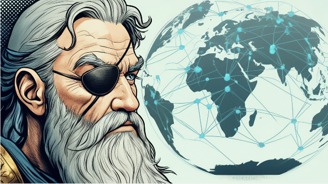 An image of the norse god Odin, with an eye patch over one eye, looking at a giant map of Global Connectivity with interest: the map is showing global network connections, symbolizing international ICT partnerships and collaboration on Open RAN and 5G technology