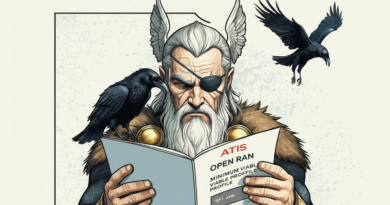 An image of the norse god odin, with an eye patch over one eye. He's looking very thoughtful while reading a document titled: "ATIS Open RAN Minimum Viable Profile'. A raven is perched on his shoulder also reading the document and a second raven flies overhead.