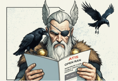 An image of the norse god odin, with an eye patch over one eye. He's looking very thoughtful while reading a document titled: "ATIS Open RAN Minimum Viable Profile'. A raven is perched on his shoulder also reading the document and a second raven flies overhead.