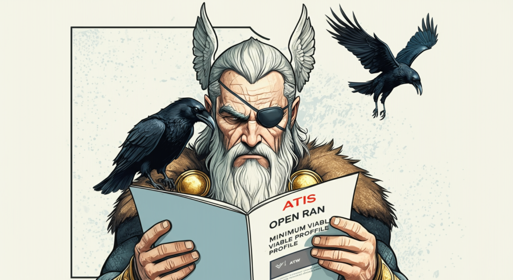 An image of the norse god odin, with an eye patch over one eye. He's looking very thoughtful while reading a document titled: "ATIS Open RAN Minimum Viable Profile'. A raven is perched on his shoulder also reading the document and a second raven flies overhead.