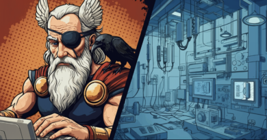 An image in two halves. The first half of the image shows the norse god Odin, with an eye patch over one eye and a raven on his shoulder. He's typing on a computer. The computer is linked by cable to the second half of the image which shows a high tech cutting edge testing lab for mobile radio access network components