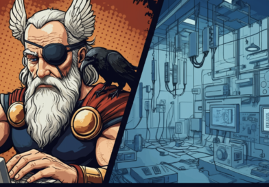 An image in two halves. The first half of the image shows the norse god Odin, with an eye patch over one eye and a raven on his shoulder. He's typing on a computer. The computer is linked by cable to the second half of the image which shows a high tech cutting edge testing lab for mobile radio access network components