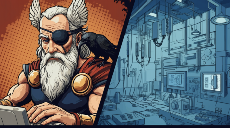 An image in two halves. The first half of the image shows the norse god Odin, with an eye patch over one eye and a raven on his shoulder. He's typing on a computer. The computer is linked by cable to the second half of the image which shows a high tech cutting edge testing lab for mobile radio access network components