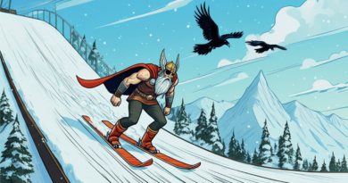 an image of the norse god Odin, doing a ski jump. He has an eyepatch over one eye and two ravens are flying above him. In the image, you can see him skiing down the ramp towards the jump at the end. The scene should be wintry alpine. The image needs to show the full ski jump with the downhill ramp and launch part of the ramp