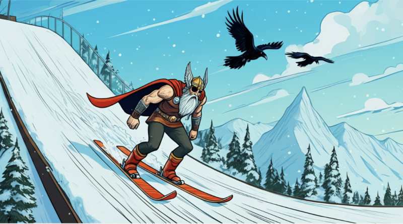 an image of the norse god Odin, doing a ski jump. He has an eyepatch over one eye and two ravens are flying above him. In the image, you can see him skiing down the ramp towards the jump at the end. The scene should be wintry alpine. The image needs to show the full ski jump with the downhill ramp and launch part of the ramp